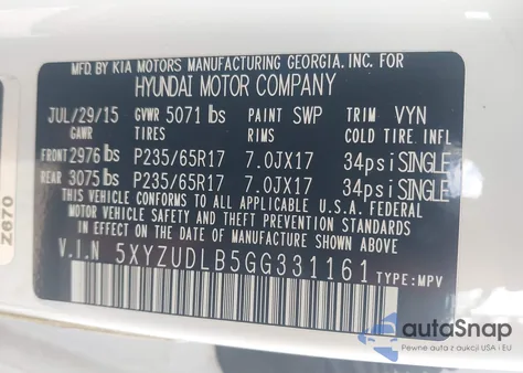 2016 Hyundai Santa Fe Sport 2.4L from USA, damaged, VIN 5XYZUDLB5GG331161